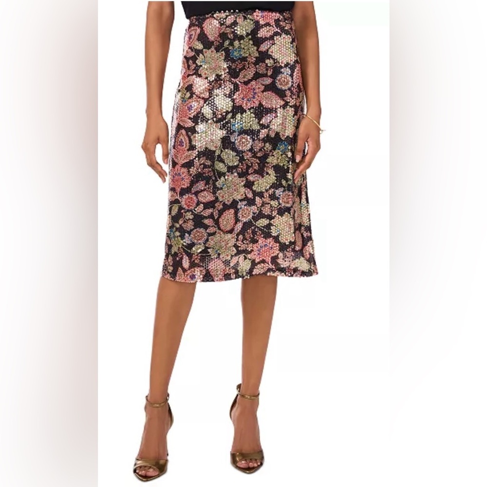 Vince Camuto Romantic Multicolor Floral Sequin‎ Formal Skirt In Rich Black Women